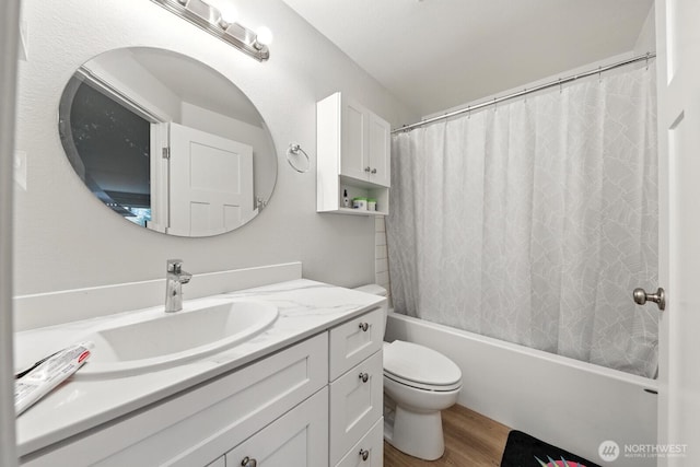 3806 Wetmore Ave, Everett, WA 98201 - bathroom with vanity, wood finished floors, and shower / bathtub combination with curtain