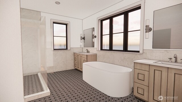 6320 240th Way NE, Redmond, WA 98053 - full bath featuring tile walls, plenty of natural light, a stall shower, and two vanities