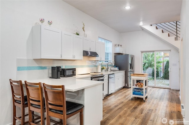 4715 N Island Dr E, Bonney Lake, WA 98391 - kitchen with under cabinet range hood, stainless steel appliances, light countertops, light wood-style flooring, and a kitchen breakfast bar