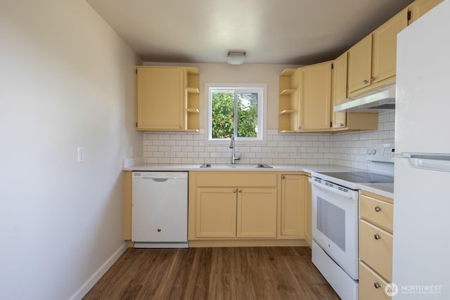 3827 Wetmore Ave, Everett, WA 98201 - kitchen with white appliances, under cabinet range hood, open shelves, tasteful backsplash, and light countertops