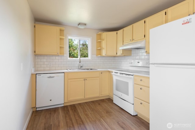 3827 Wetmore Ave, Everett, WA 98201 - kitchen with white appliances, under cabinet range hood, open shelves, and backsplash