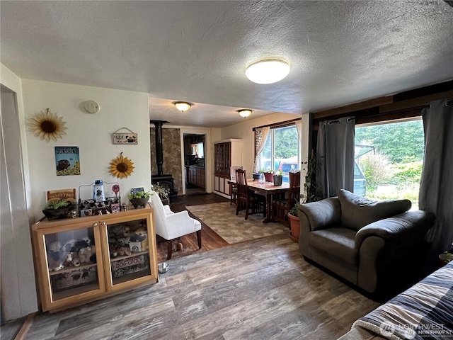 715 Copalis Beach Rd, Copalis Beach, WA 98535 - living area featuring a textured ceiling, wood finished floors, and a wood stove
