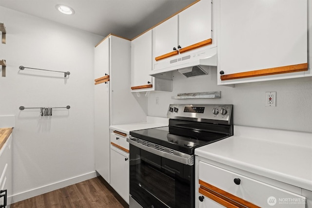 7453 Newcastle Golf Club Rd Unit L103, Newcastle, WA 98059 - kitchen featuring stainless steel electric range oven, under cabinet range hood, dark wood-type flooring, light countertops, and recessed lighting
