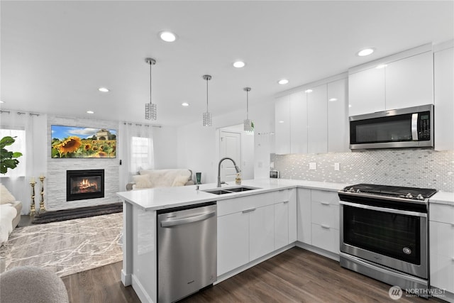 8254 Breeze Loop, Blaine, WA 98230 - kitchen with stainless steel appliances, modern cabinets, a stone fireplace, a peninsula, and recessed lighting