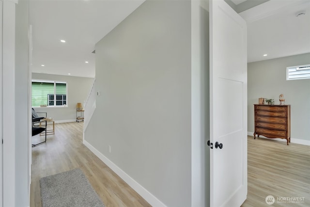 6410 S Fife St, Tacoma, WA 98409 - hall with light wood finished floors, stairway, and recessed lighting