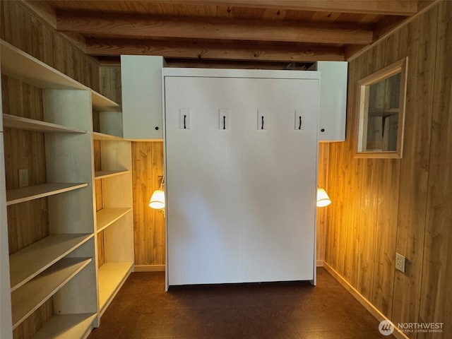 7379 Hideaway Ln, Anacortes, WA 98221 - unfurnished bedroom with wooden walls and a wooden ceiling with exposed beams