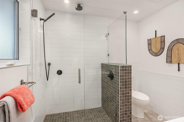 2434 64th Ave SE, Mercer Island, WA 98040 - full bathroom with tile walls, a stall shower, wainscoting, recessed lighting, and tile patterned floors