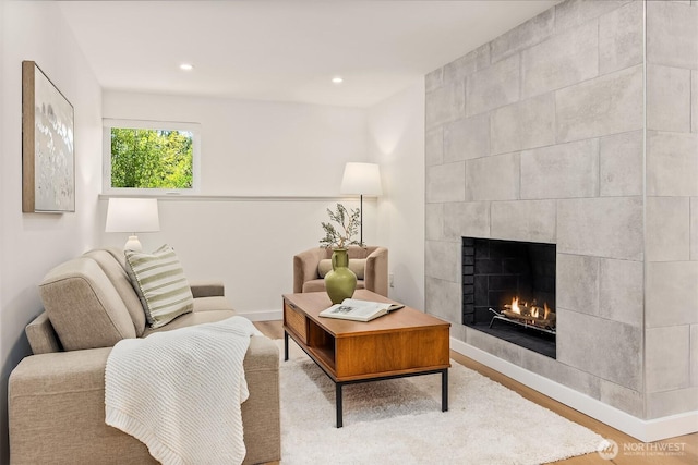 2434 64th Ave SE, Mercer Island, WA 98040 - living room with a tile fireplace, wood finished floors, and recessed lighting
