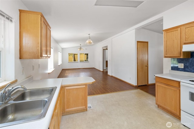 101 Twin Lakes Rd, Cle Elum, WA 98922 - kitchen featuring white electric stove, open floor plan, range hood, light countertops, and light flooring