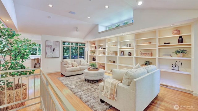 9411 SE 54th St, Mercer Island, WA 98040 - living room with wood finished floors, high vaulted ceiling, and recessed lighting