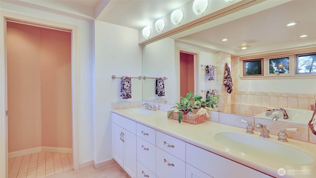 9411 SE 54th St, Mercer Island, WA 98040 - full bathroom with double vanity, tile patterned floors, a tub, and recessed lighting