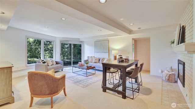 9411 SE 54th St, Mercer Island, WA 98040 - living room featuring light carpet, recessed lighting, and a fireplace