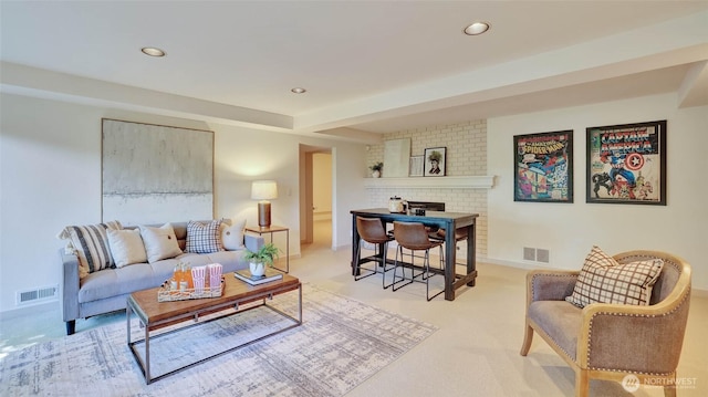 9411 SE 54th St, Mercer Island, WA 98040 - carpeted living room featuring a fireplace and recessed lighting