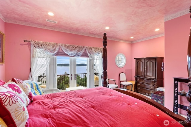 1022 7th Ct, Fox Island, WA 98333 - bedroom featuring access to exterior, ornamental molding, and recessed lighting