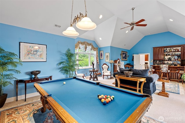 1022 7th Ct, Fox Island, WA 98333 - rec room with carpet flooring, billiards table, lofted ceiling, ceiling fan, and recessed lighting