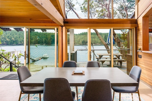 69 Rocky Rd, Crane Island, WA 98245 - dining area with a water view, healthy amount of natural light, and wooden walls