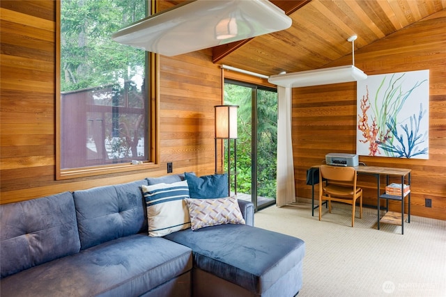 69 Rocky Rd, Crane Island, WA 98245 - living room featuring wooden walls, lofted ceiling, carpet floors, wood ceiling, and a desk
