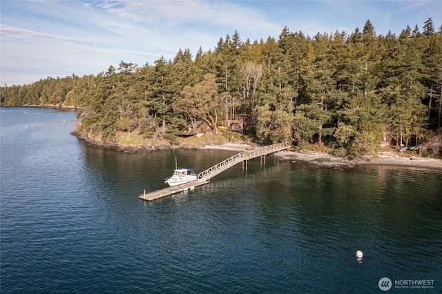 69 Rocky Rd, Crane Island, WA 98245 - water view featuring a floating dock and a heavily wooded area