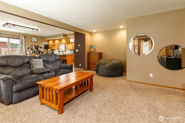 1130 Central Dr, Coulee Dam, WA 99116 - living area with light carpet, a textured ceiling, and recessed lighting
