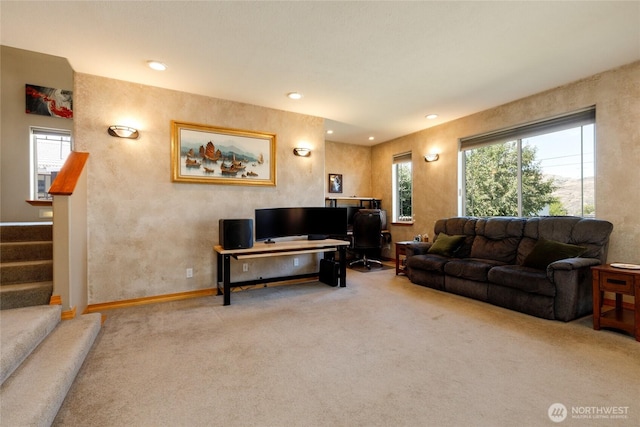 1130 Central Dr, Coulee Dam, WA 99116 - living area with carpet, plenty of natural light, stairs, and recessed lighting