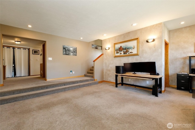 1130 Central Dr, Coulee Dam, WA 99116 - carpeted living area with stairs and recessed lighting