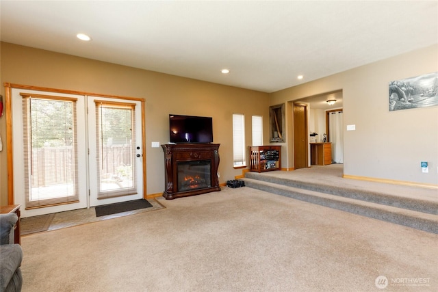 1130 Central Dr, Coulee Dam, WA 99116 - living area with carpet, recessed lighting, and a glass covered fireplace