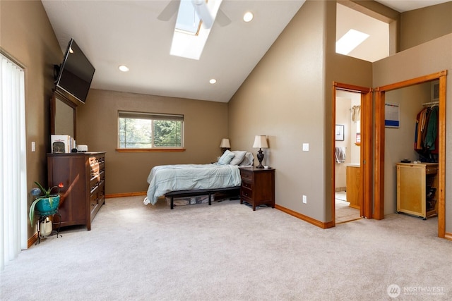 1130 Central Dr, Coulee Dam, WA 99116 - carpeted bedroom with lofted ceiling, a skylight, ceiling fan, recessed lighting, and ensuite bathroom