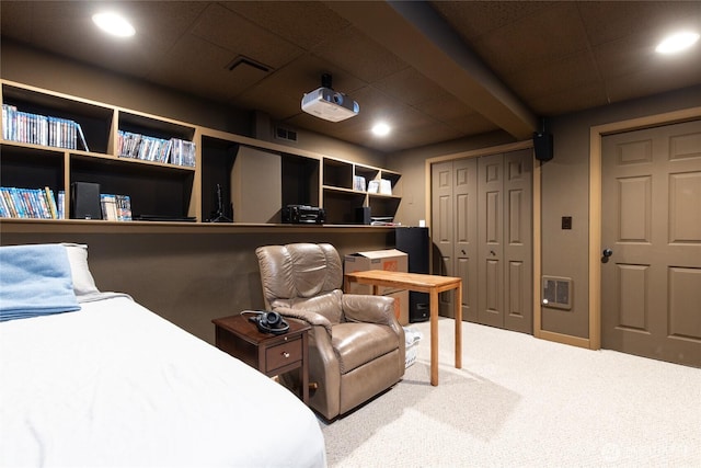 1130 Central Dr, Coulee Dam, WA 99116 - carpeted bedroom with a paneled ceiling, heating unit, a closet, and recessed lighting
