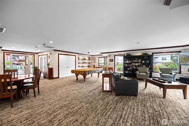 259 W Bakerview Unit 304, Bellingham, WA 98226 - living room featuring ornamental molding, carpet flooring, pool table, and recessed lighting