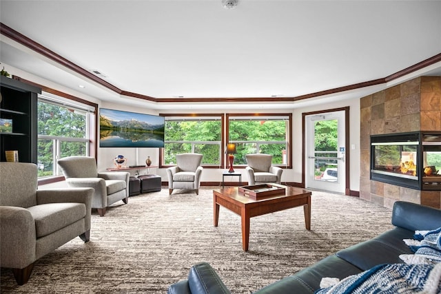 259 W Bakerview Unit 304, Bellingham, WA 98226 - living room featuring ornamental molding, a raised ceiling, a fireplace, and plenty of natural light