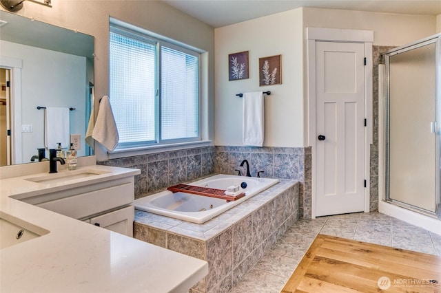 4957 Lewis Ave, Bellingham, WA 98229 - bathroom with vanity, a shower stall, tile patterned floors, and a tub with jets