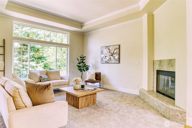 4957 Lewis Ave, Bellingham, WA 98229 - living area featuring crown molding, a tray ceiling, light carpet, and a fireplace
