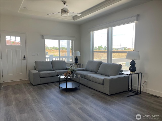 986 N Rock Rose Ave, Sequim, WA 98382 - living room featuring a raised ceiling, healthy amount of natural light, ceiling fan, and wood finished floors