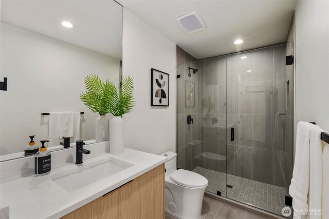 4529 S Orcas St, Seattle, WA 98118 - full bathroom featuring vanity, tile patterned floors, a stall shower, and recessed lighting