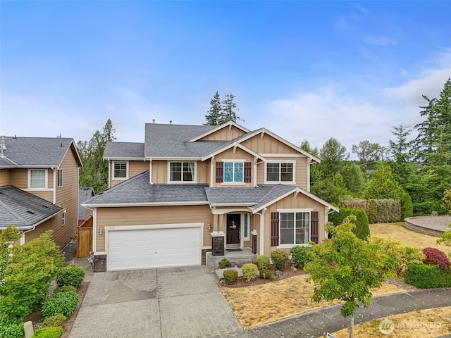 22820 41st Dr SE, Bothell, WA 98021 - view of front facade featuring board and batten siding, concrete driveway, roof with shingles, and stone siding