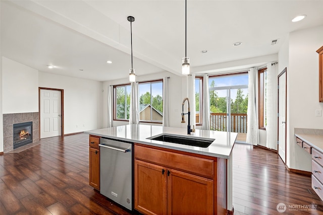 22820 41st Dr SE, Bothell, WA 98021 - kitchen with dishwasher, dark wood-style flooring, light countertops, open floor plan, and recessed lighting