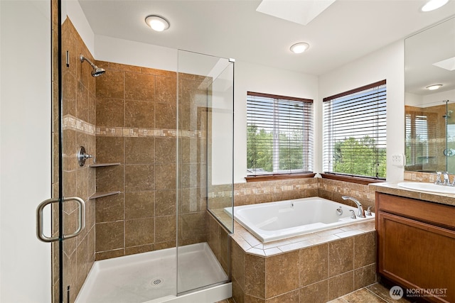 22820 41st Dr SE, Bothell, WA 98021 - bathroom with a shower stall, vanity, a bath, and a skylight