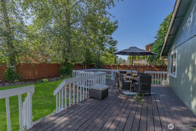 10208 D St E, Tacoma, WA 98445 - wooden terrace featuring a fenced backyard and an outdoor living space
