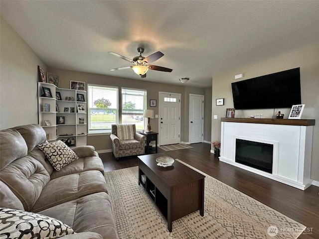 704 Roundtree Blvd, Winlock, WA 98596 - living area featuring a ceiling fan, wood finished floors, a glass covered fireplace, and a textured ceiling