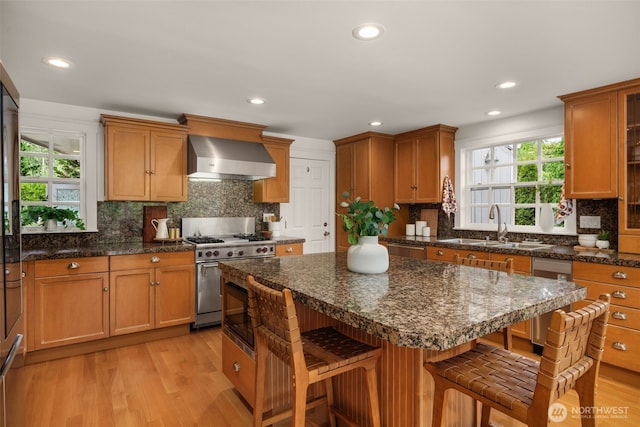 3204 Evergreen Point Rd, Medina, WA 98039 - kitchen featuring wall chimney exhaust hood, appliances with stainless steel finishes, light wood-style floors, healthy amount of natural light, and recessed lighting