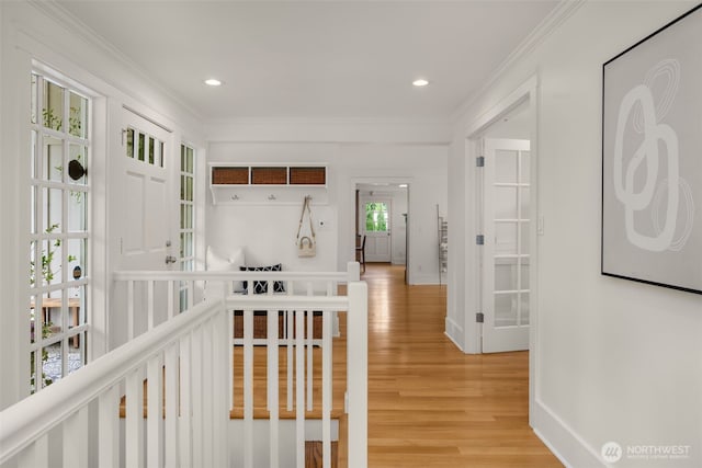 3204 Evergreen Point Rd, Medina, WA 98039 - hall with light wood-type flooring, crown molding, and recessed lighting