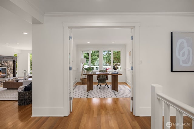 3204 Evergreen Point Rd, Medina, WA 98039 - hall with light wood-type flooring, crown molding, and recessed lighting