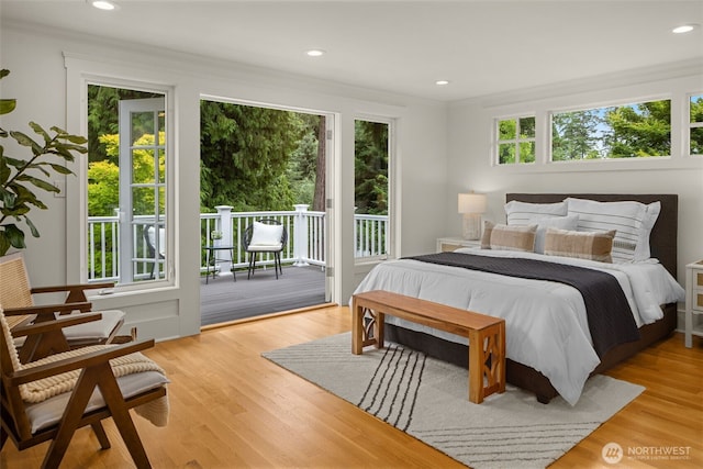 3204 Evergreen Point Rd, Medina, WA 98039 - bedroom featuring access to outside, ornamental molding, light wood finished floors, and recessed lighting