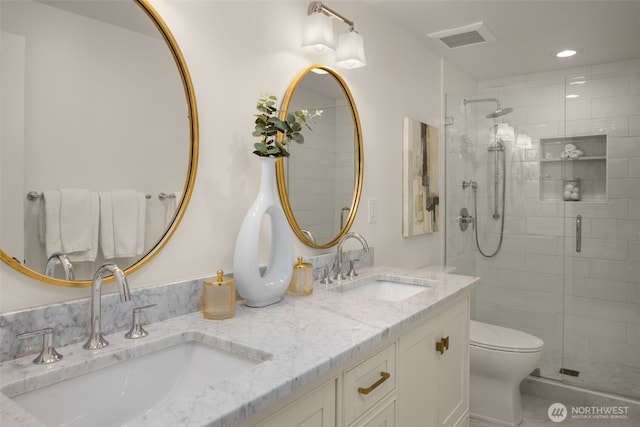 3204 Evergreen Point Rd, Medina, WA 98039 - bathroom with a stall shower, double vanity, and recessed lighting