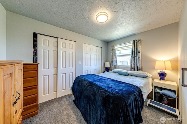 161 Lupine Dr, Sequim, WA 98382 - bedroom featuring carpet, two closets, and a textured ceiling