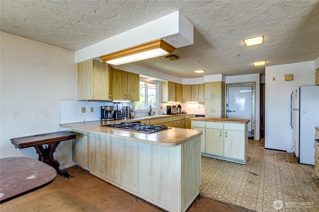 161 Lupine Dr, Sequim, WA 98382 - kitchen with stainless steel gas cooktop, a peninsula, a textured ceiling, light countertops, and a kitchen island