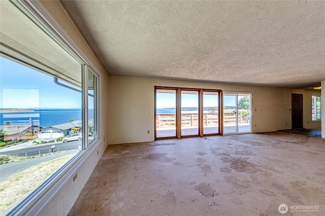 161 Lupine Dr, Sequim, WA 98382 - unfurnished room with a textured ceiling, unfinished concrete flooring, and a water view