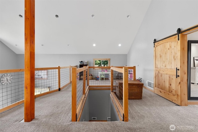 3146 State Route 508, Onalaska, WA 98570 - stairs featuring lofted ceiling, carpet, a barn door, and recessed lighting