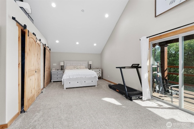 3146 State Route 508, Onalaska, WA 98570 - bedroom featuring lofted ceiling, carpet flooring, access to outside, a barn door, and recessed lighting