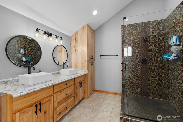3146 State Route 508, Onalaska, WA 98570 - full bath featuring lofted ceiling, double vanity, and a stall shower